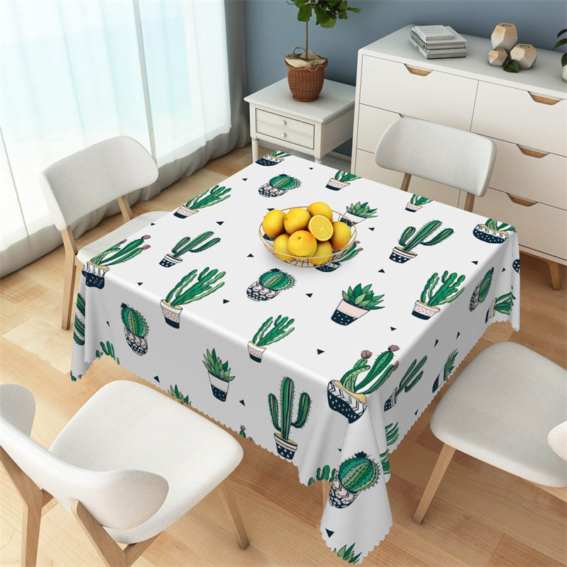 Posh Green Cactus Patterns White Square Tablecloth - 52x70 Inch