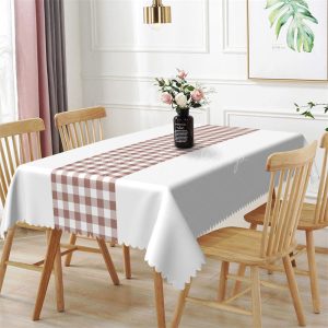 Simple White Brown Checkered Rectangle Tablecloth - 52x70 Inch