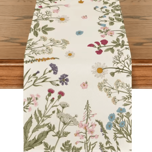 Spring Daisy Floral Linen Table Runner - Farmhouse Kitchen Dining Decor