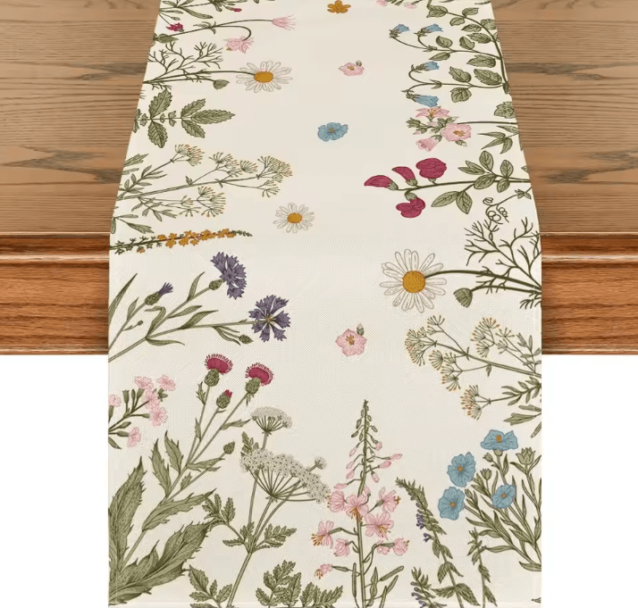 Spring Daisy Floral Linen Table Runner - Farmhouse Kitchen Dining Decor