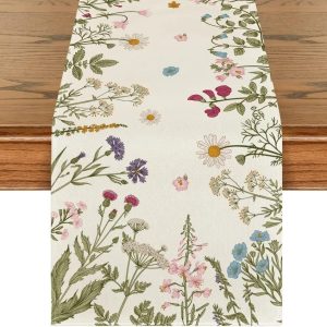 Spring Daisy Linen Table Runner Farmhouse Floral Dining Table Decor