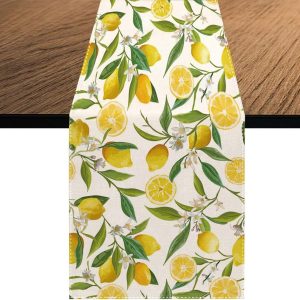 Summer Lemon Floral Linen Table Runner for Kitchen Dining Decor