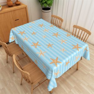Swishchic Blue Stripes Starfish Pattern Tablecloth - 52x70 Inch