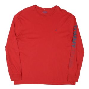 TOMMY JEANS Womens Red Long Sleeve Crew Neck Logo Cotton Blend L T-Shirt