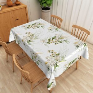 White Flower Green Leaf Spring Rectangle Tablecloth - 52x70 Inch