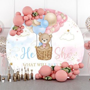 Clould Hot Balloon Bear Round Gender Reveal Backdrop - NYRD8C01 / Diameter 5Ft/1.5M