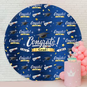 Glitter Blue I Did It Congrats Grad Round Backdrop - Microfiber Cloth / Diameter 7.2Ft/86inch/2.2M