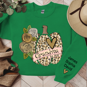 Grandma Pumpkin Leopard Flower Custom Sweatshirt - Irish Green / S