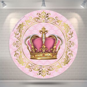 Pink Gold Crown Round Birthday Backdrop For Girl - Diameter 6.5Ft/79inch/2M