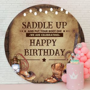 Saddle Up Cowboy Circle Happy Birthday Backdrop - Diameter 7.2Ft/86inch/2.2M