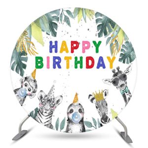 Safari Monstera Animal Round Happy Birthday Backdrop - Diameter 6Ft/72inch/1.8M